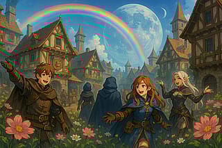 Adventurers Amidst Vibrant Town Bloom'