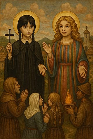 Wednesday and Enid worshipped as deities in a small village.'