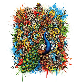 Vibrant Busy Chaotic Colorful bustling Peacock'