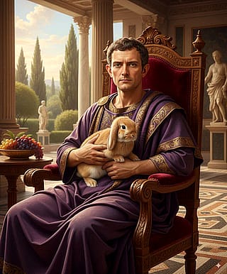 An ancient Roman nobleman holding a bunny'