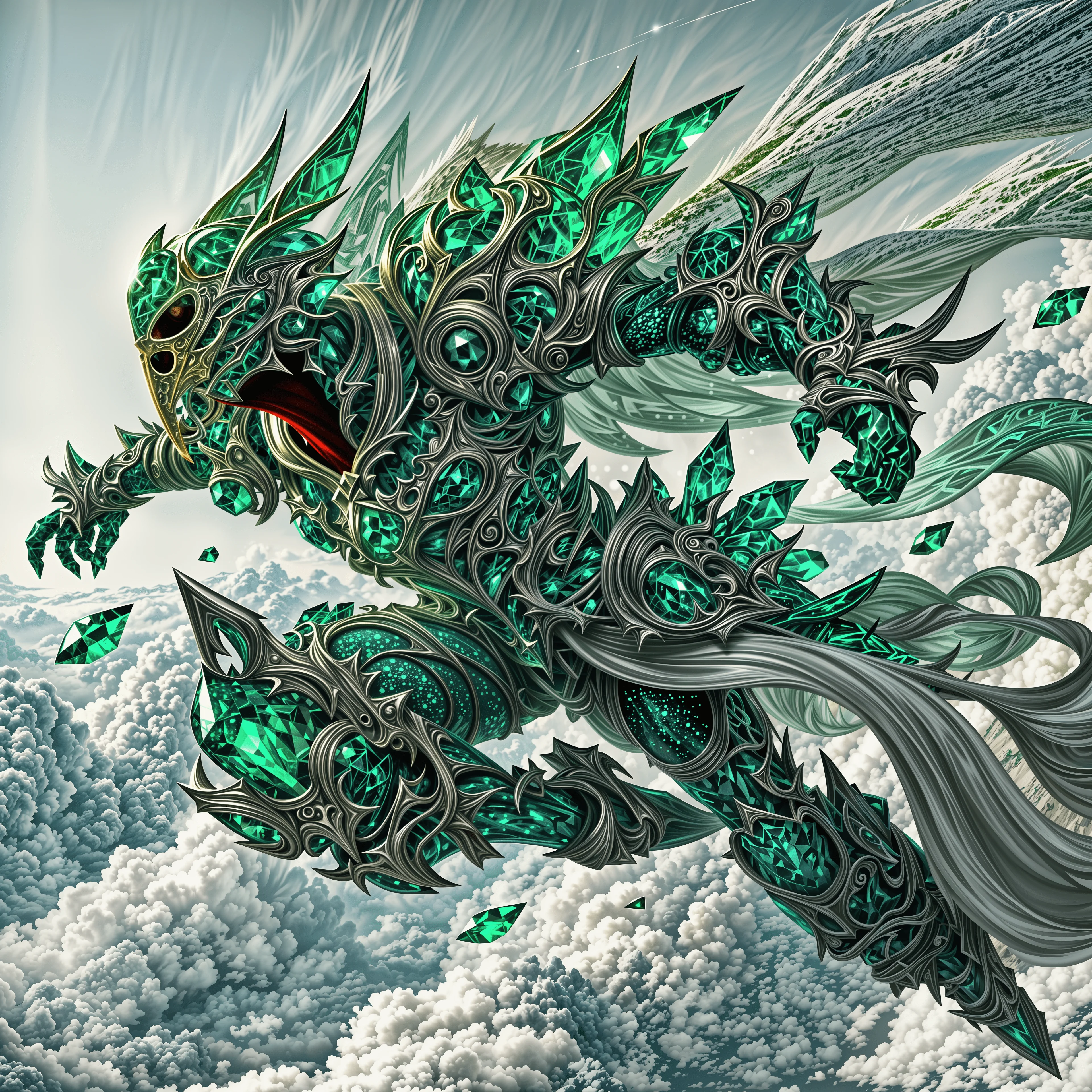 A fantasy warrior knight from the Emerald species, captured in a dynamic, action-packed pose. His intricate armor is crafted entirely from small gleaming, polished emeralds, reflecting light brilliantly. picture 1 of 2