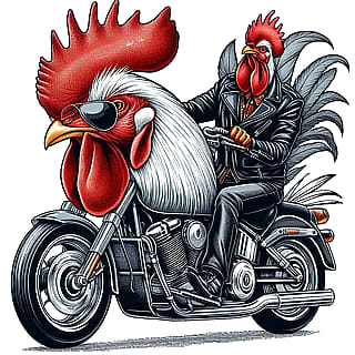 A rooster with sunglasses and a leather jacket riding a motorcycle.'