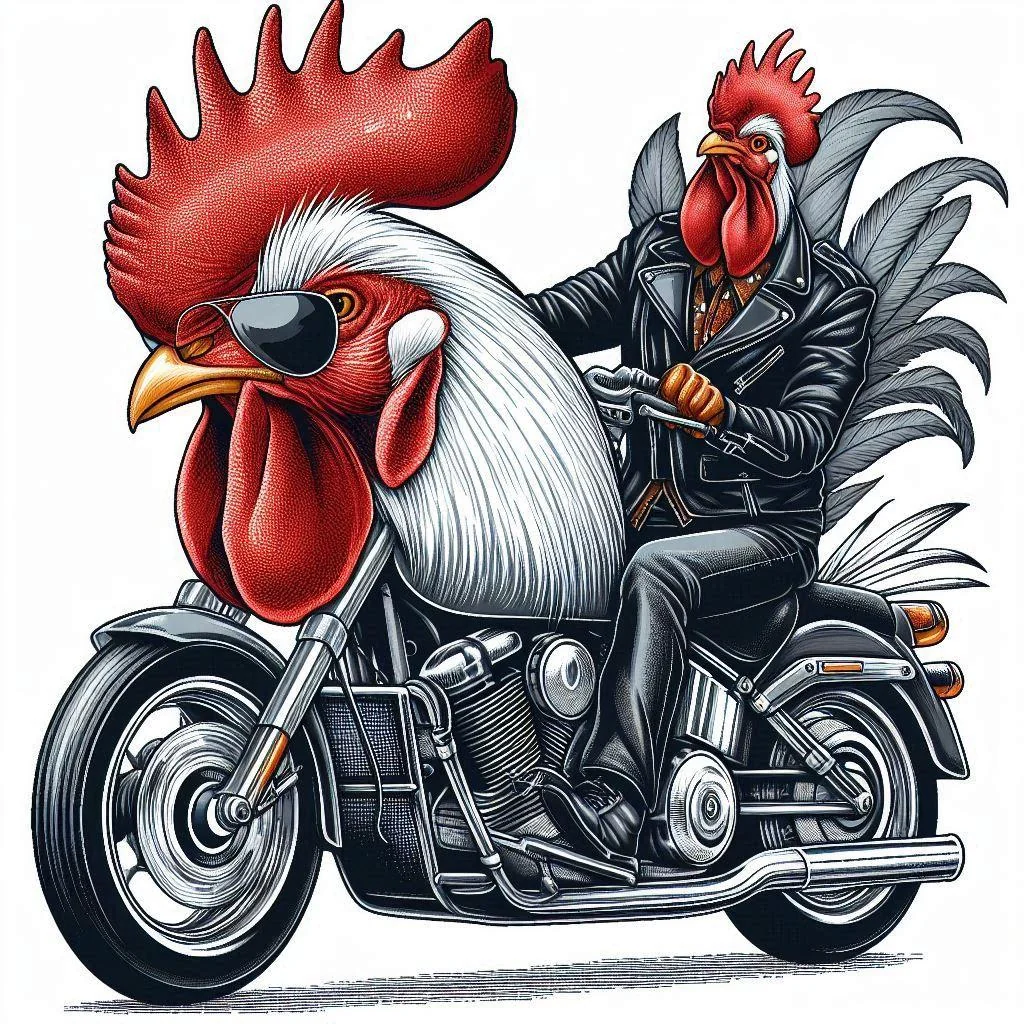 A rooster with sunglasses and a leather jacket riding a motorcycle. picture 1 of 4