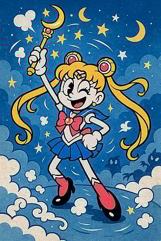 Sailor Moon in rubber hose art style'