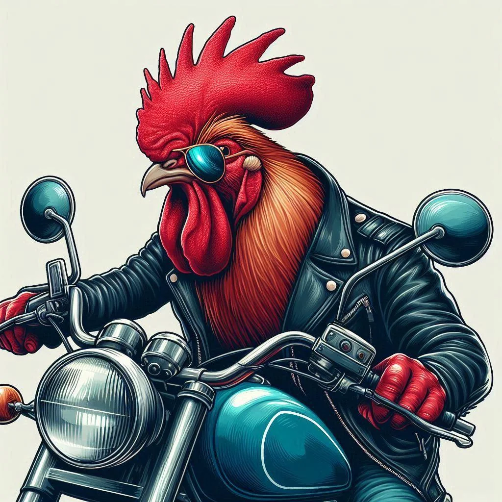 A rooster with sunglasses and a leather jacket riding a motorcycle. picture 4 of 4