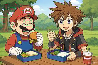 Mario and Sora Having lunch'