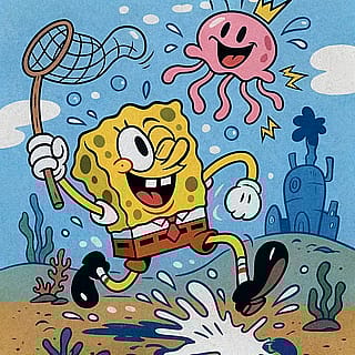 SpongeBob SquarePants in rubber hose art style'