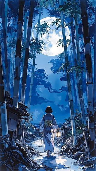 A Kimono Girl, Bamboo, and the Full Moon / Phone Wallpaper Archives'