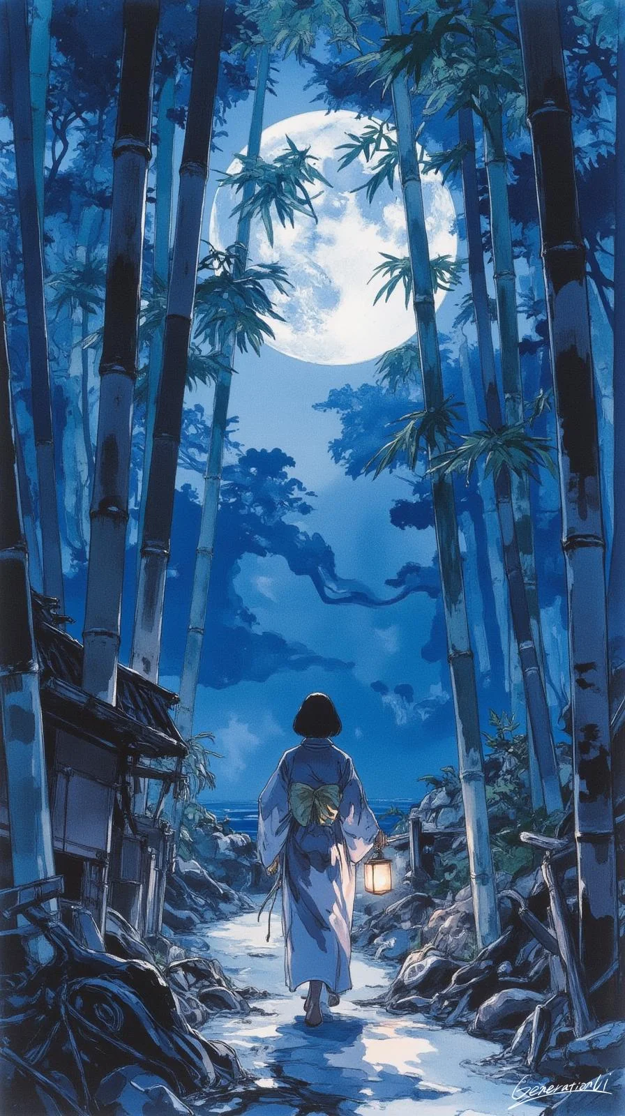 A Kimono Girl, Bamboo, and the Full Moon / Phone Wallpaper Archives picture 1 of 1
