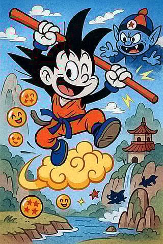 Goku in rubber hose art style'