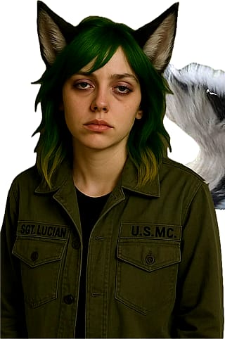 Lucina shatterstar in human disguise, as she looks unamused (and yes she buy a Vietnam era USMC jacket at a thrift store for ‘aesthetic’)'
