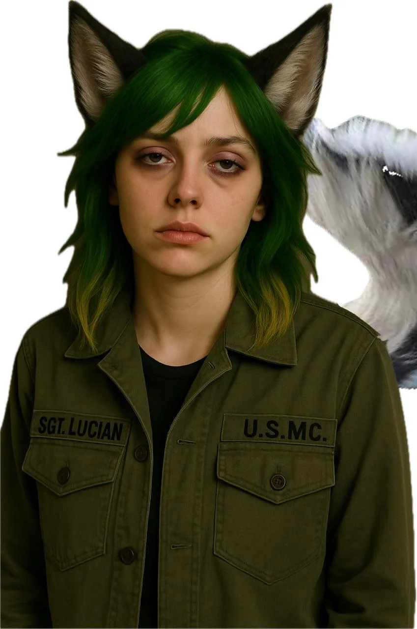 Lucina shatterstar in human disguise, as she looks unamused (and yes she buy a Vietnam era USMC jacket at a thrift store for ‘aesthetic’) picture 1 of 1