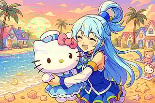 Aqua Hugging Hello Kitty Plushie'