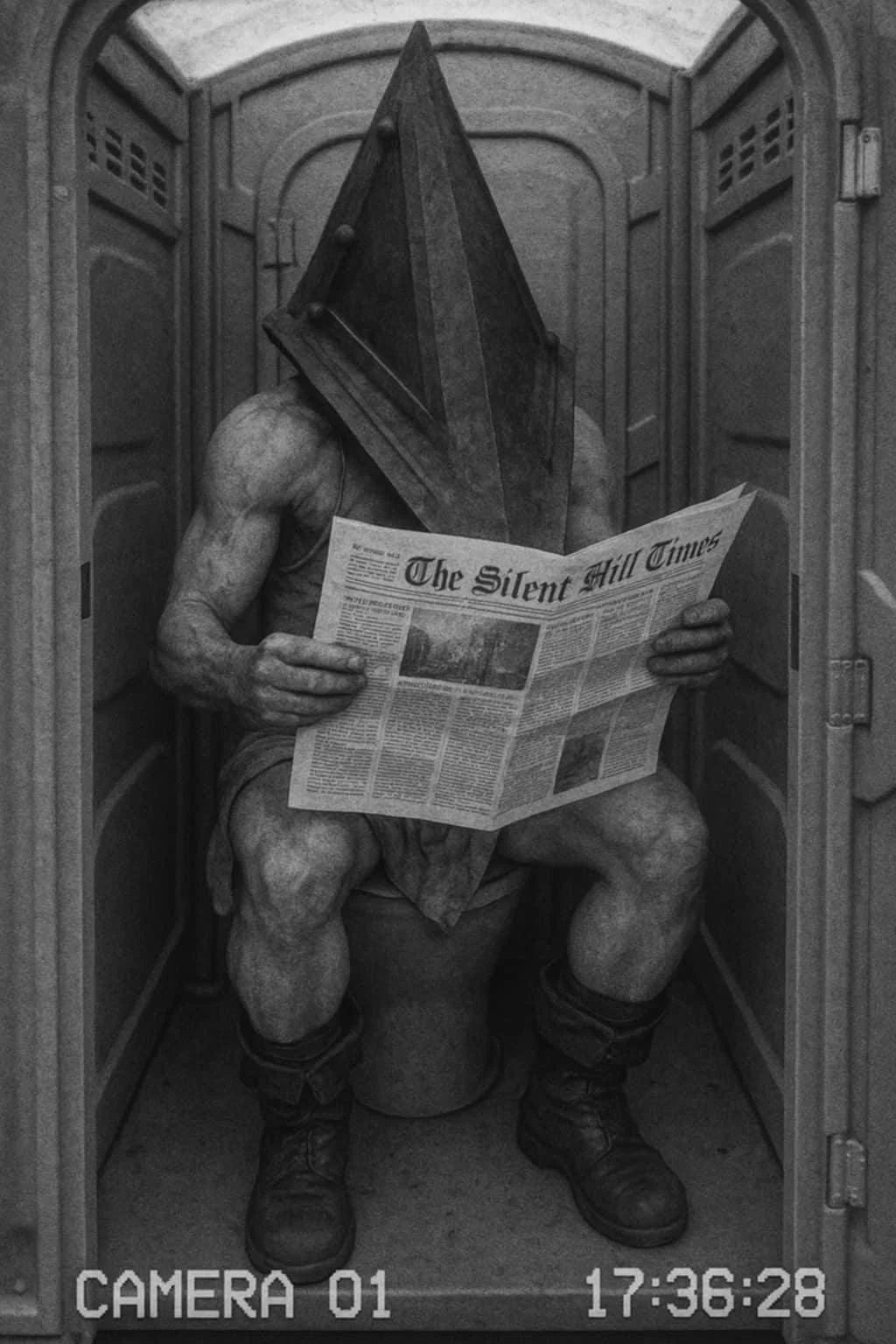 CCTV Image of Pyramid Head using a porta potty picture 1 of 1