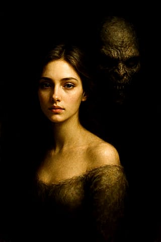 Beauty stands serene at the edge of darkness, unaware of the nightmare that breathes just behind her.'