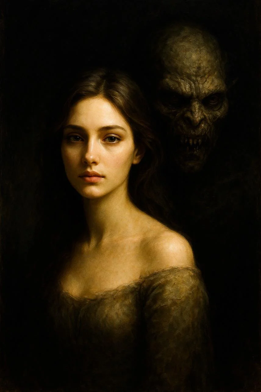 Beauty stands serene at the edge of darkness, unaware of the nightmare that breathes just behind her. picture 1 of 1