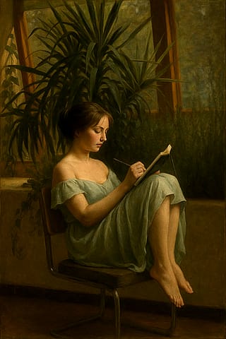 Girl taking notes, oil on canvas, inspired by an old photo'