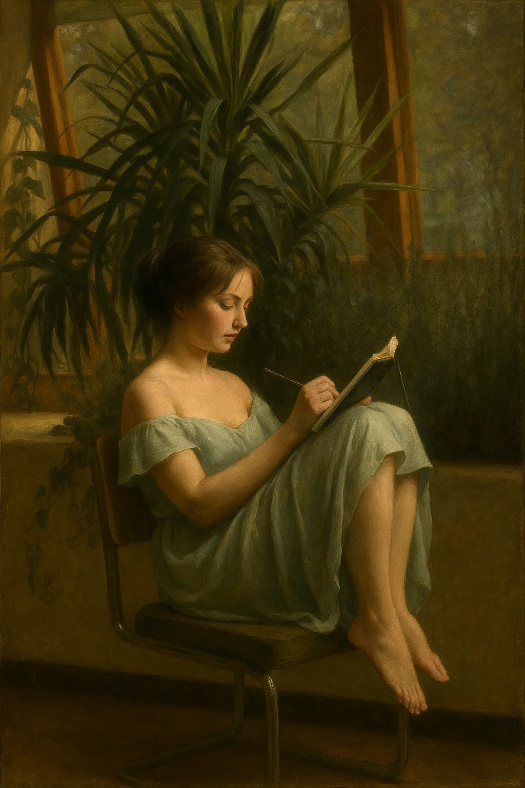 Girl taking notes, oil on canvas, inspired by an old photo picture 1 of 1