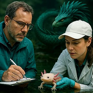Quetzalcoatl watching as environmental and genetic research scientists study his twin, Axolotl.'