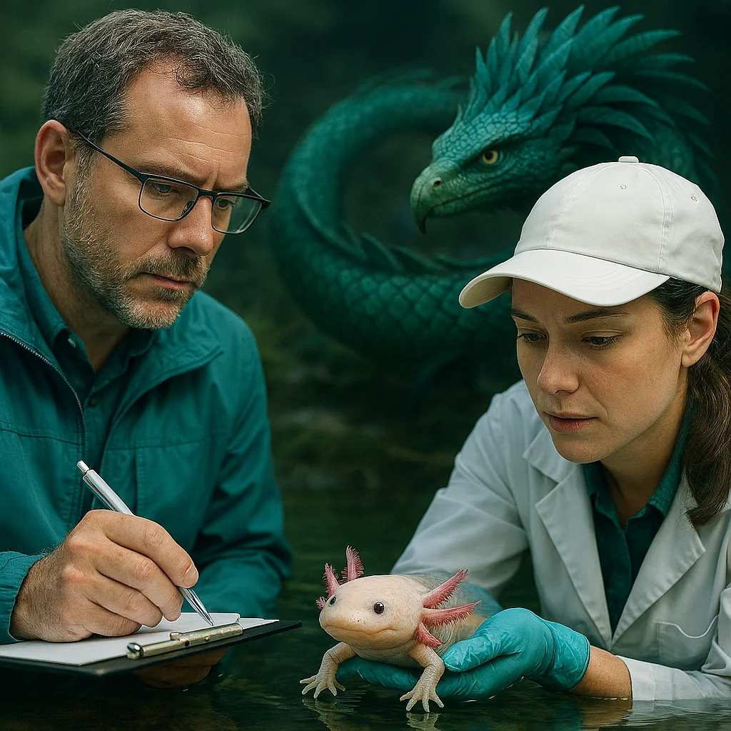 Quetzalcoatl watching as environmental and genetic research scientists study his twin, Axolotl. picture 1 of 1