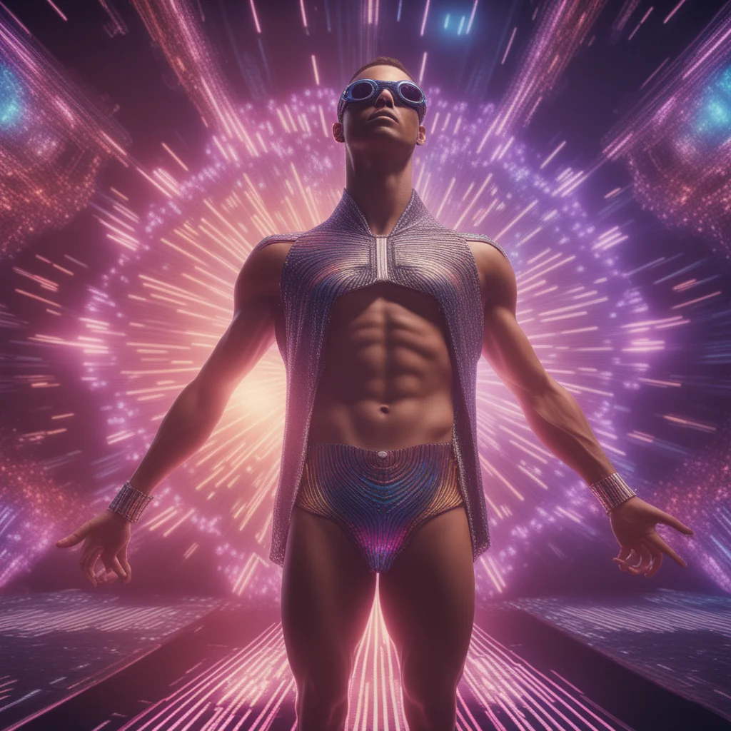 Visionary figure in a futuristic, shimmering suit stands against an explosion of radiant light amidst a cosmic backdrop, embodying the intersection of humanity with technology. picture 1 of 1