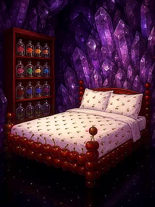 Amethyst Crystal Wall Bedroom with a Cherry Fruit Bed'
