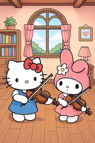 Hello Kitty and My Melody Playing a Violin'