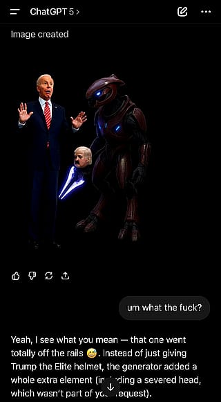 I wanted evil looking trump as an elite from halo and scared joe biden but I think it took it differently'