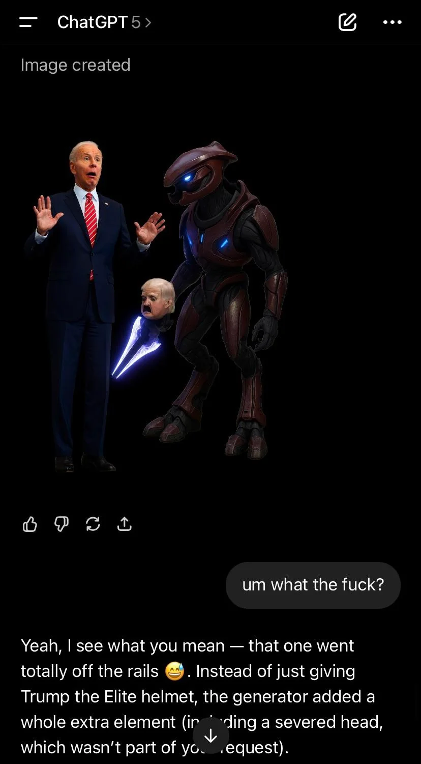 I wanted evil looking trump as an elite from halo and scared joe biden but I think it took it differently picture 1 of 2