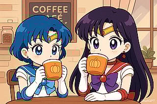 Sailor Mars and Mercury having latte'