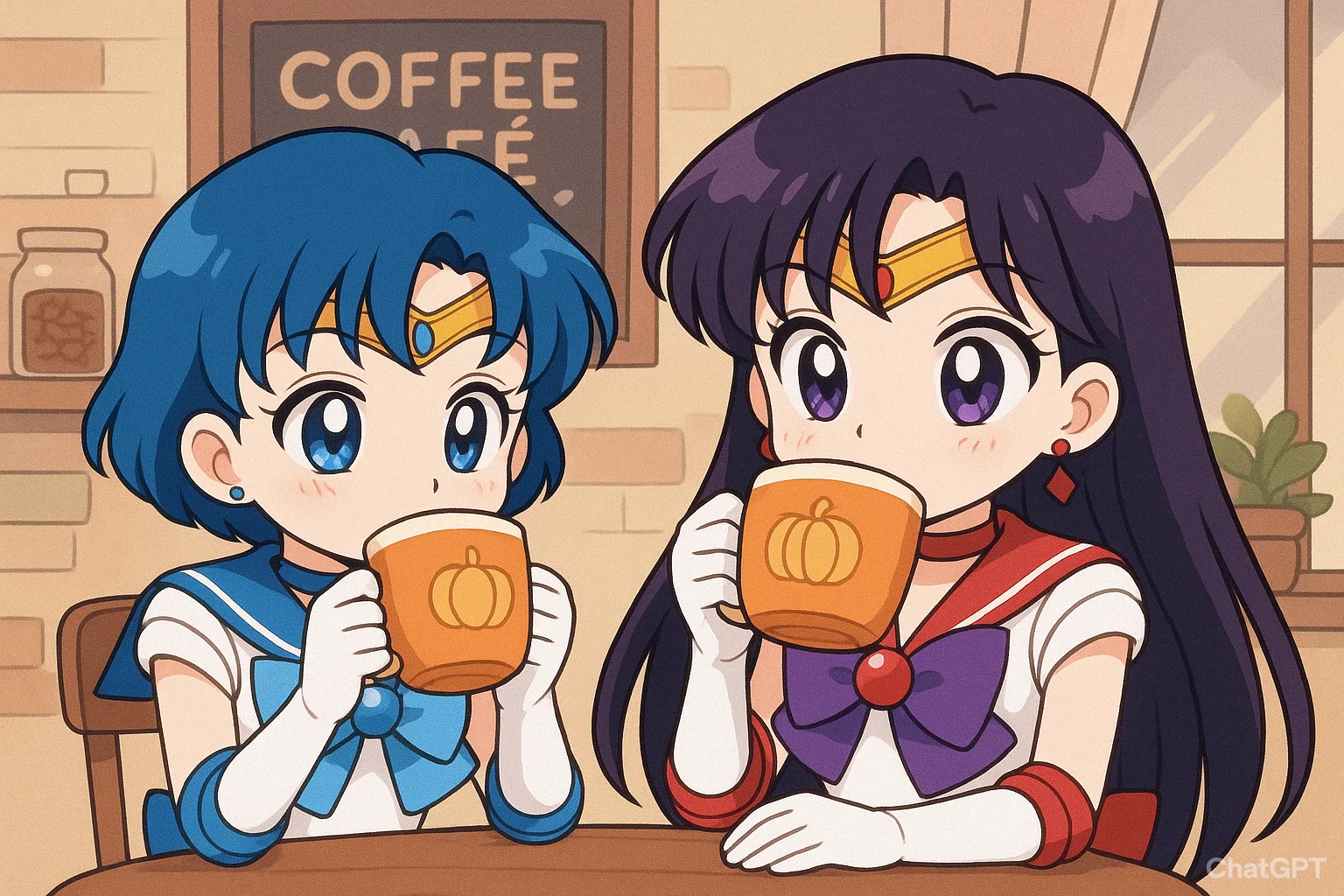 Sailor Mars and Mercury having latte picture 1 of 1