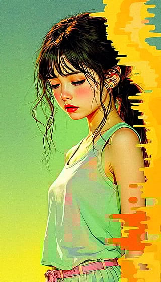 Little girl lost in thought, a splash of color in a muted world.'