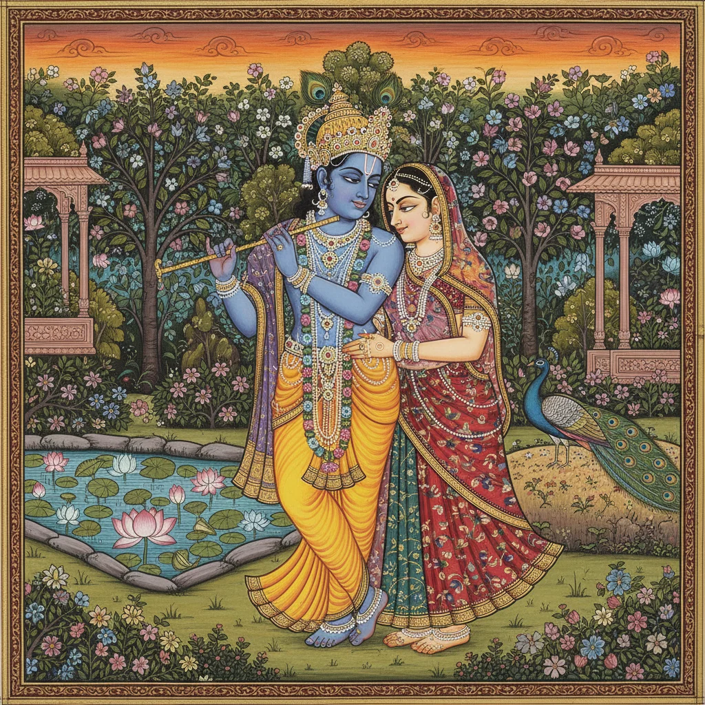 Eternal Embrace: Radha and Krishna in Vrindavan's Kunj. For more such posts join r/Sanatani_People picture 1 of 1