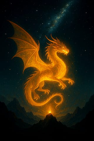 Where flames touch the stars, a dragon rises as guardian of the night.'