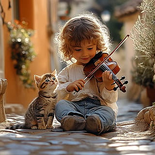 Little boy and his cat'