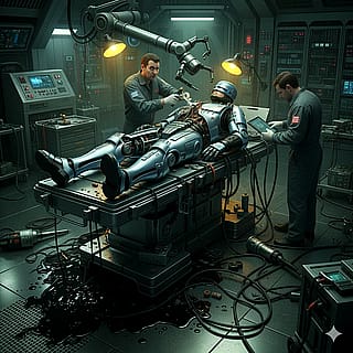 Robocop broke down and is being repaired by the technical service. It leaked black coolant onto the floor.'