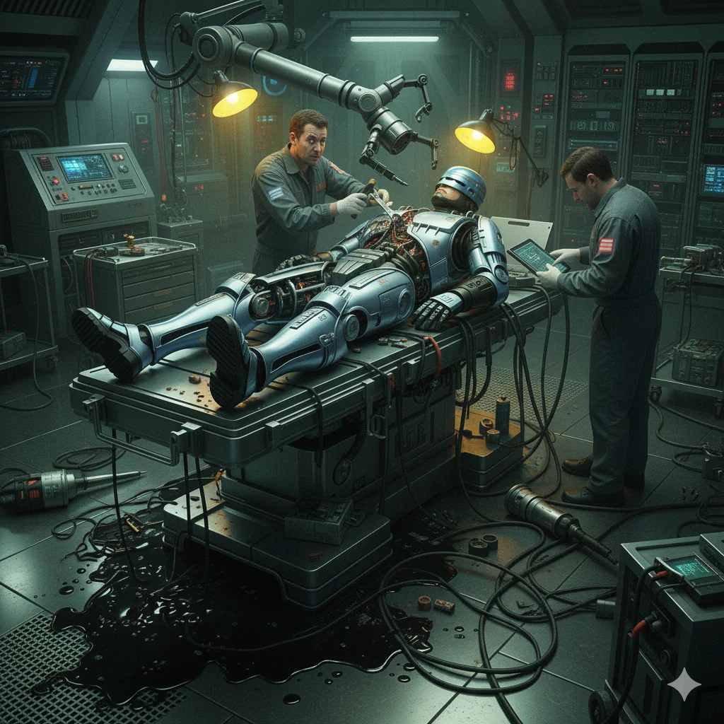 Robocop broke down and is being repaired by the technical service. It leaked black coolant onto the floor. picture 1 of 1