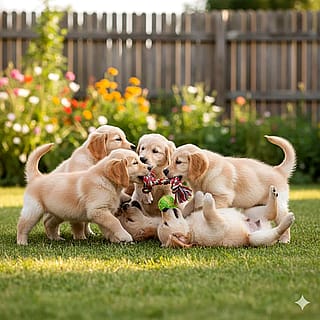 Golden retriever puppies playing together'