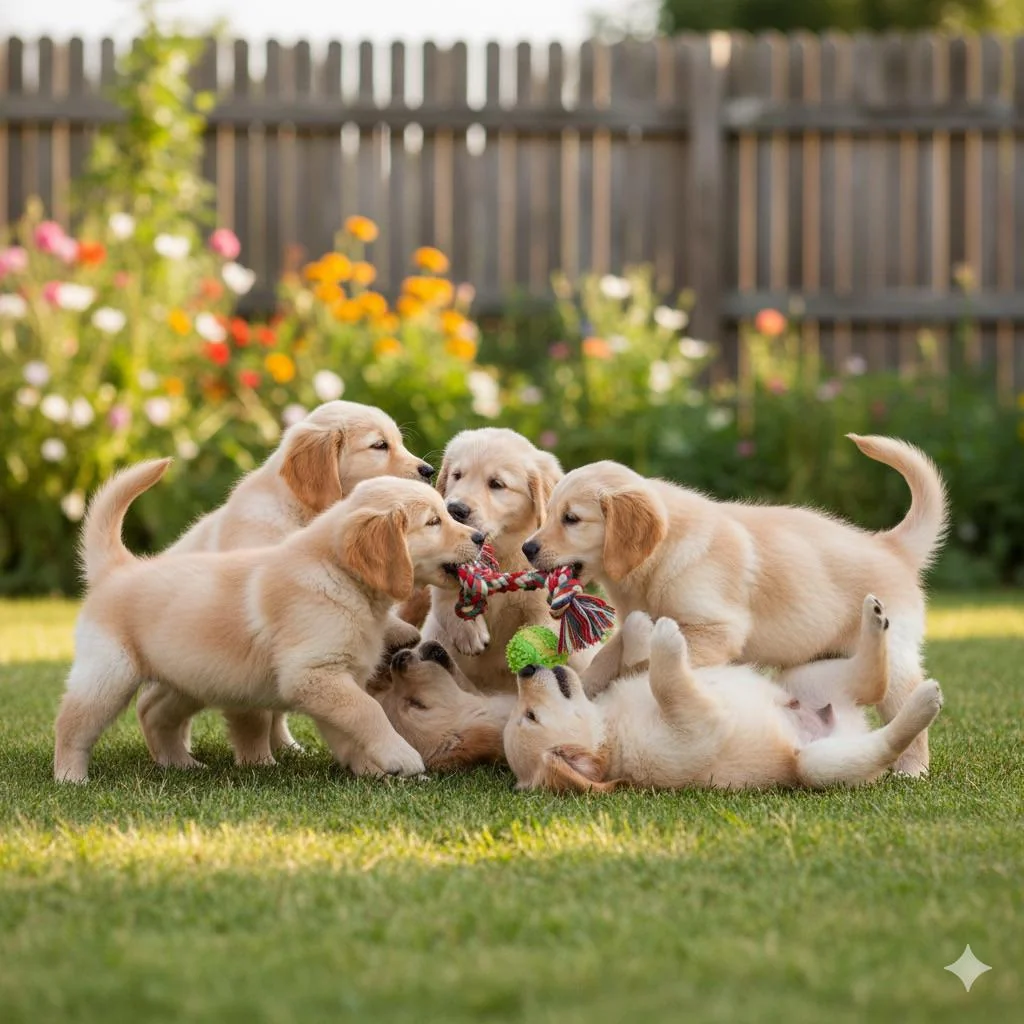 Golden retriever puppies playing together picture 1 of 1