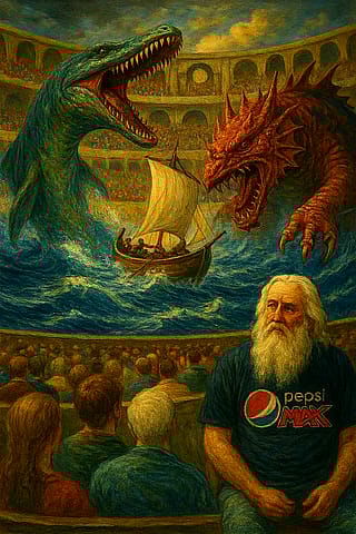 Afanc & Mosasaurus battle scene with God watching'