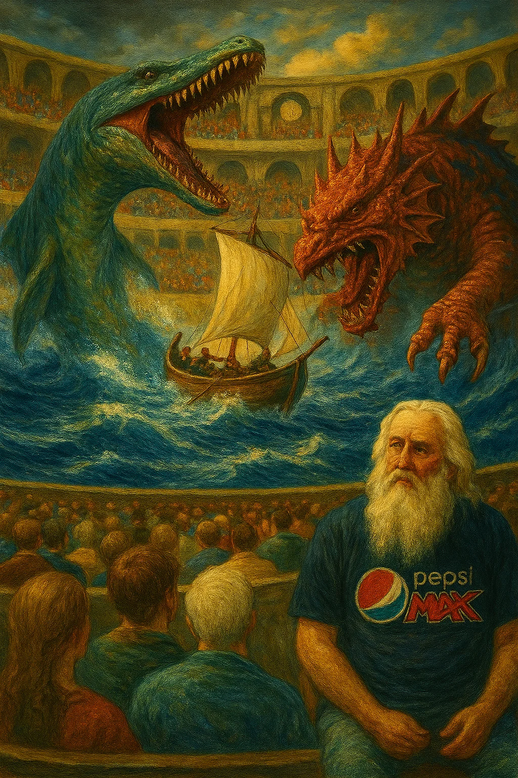 Afanc & Mosasaurus battle scene with God watching picture 1 of 1