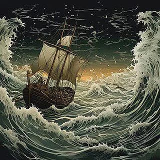 Ship tossed in raging sea'