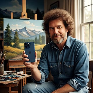 Bob Ross holding his blue iPhone 12'