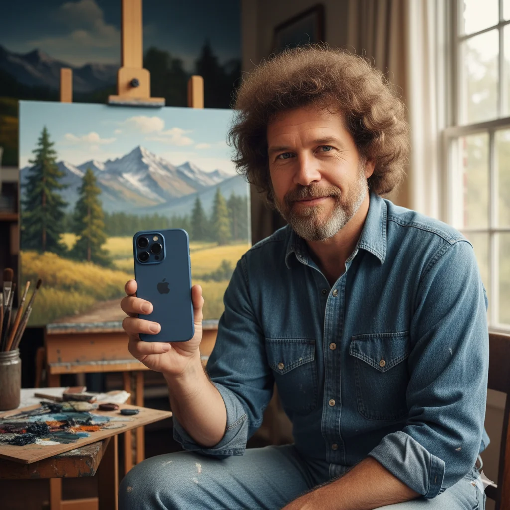 Bob Ross holding his blue iPhone 12 picture 1 of 1