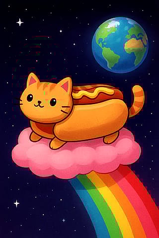 Hotdog cat in space'