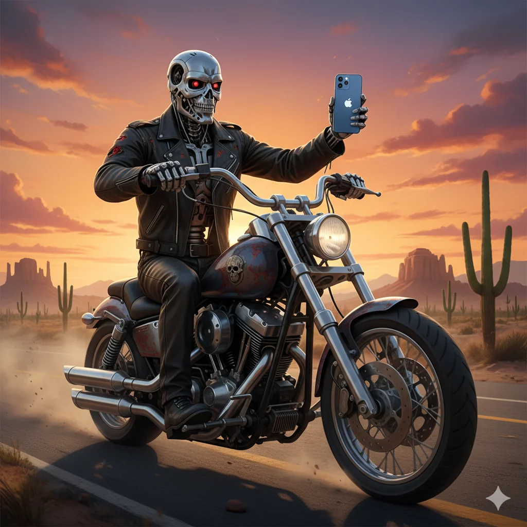 The T-800 holding his phone on his motorcycle 🏍️ picture 1 of 1