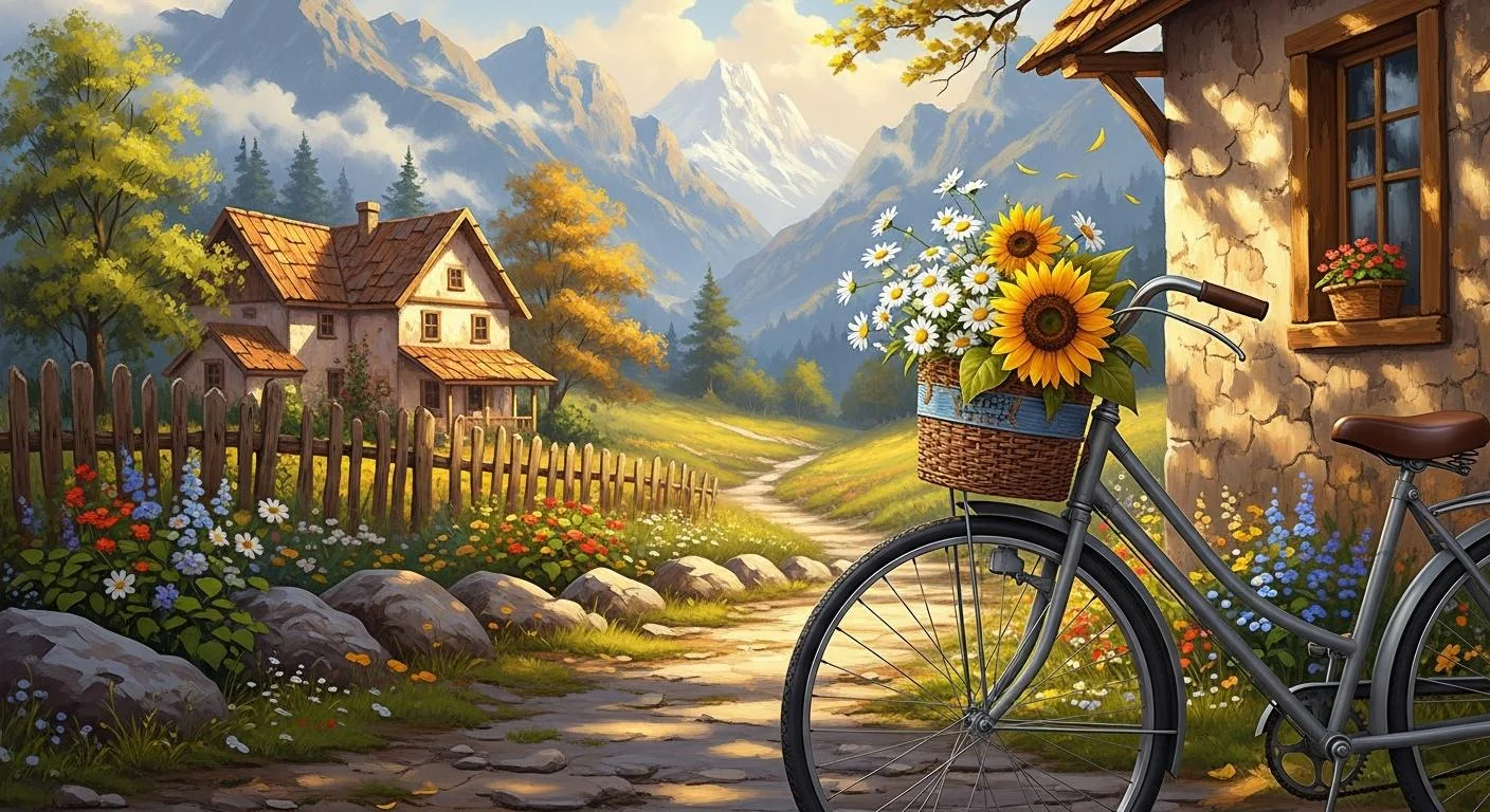 Oil painting. A classic: the bike and the landscape in the background. picture 1 of 1