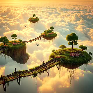 I found a garden above the clouds — weightless, endless, and alive. The air smelled like beginnings, and every leaf moved as if it remembered sunlight for the first time. Maybe peace isn’t found on the ground at all… maybe it grows where we finally let go.'