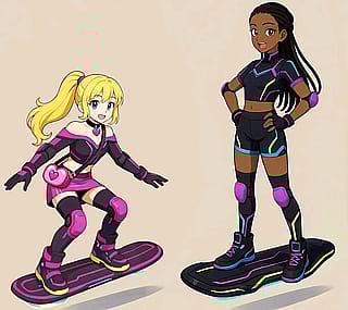 Asked ChatGPT to create an image of my two OCs wearing futuristic outfits and riding hoverboards.'