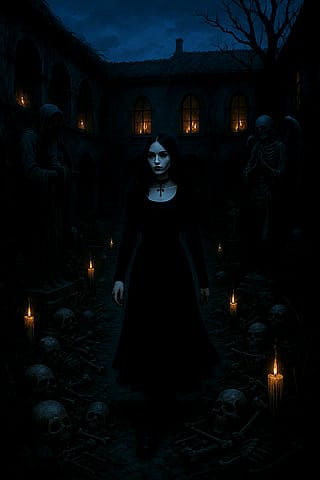 Goth Girl in courtyard of Candles and Bones'